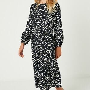 Hayden Dotted Asymmetrical Ruffle Navy/Cream Long Sleeve Midi Dress Sz Small